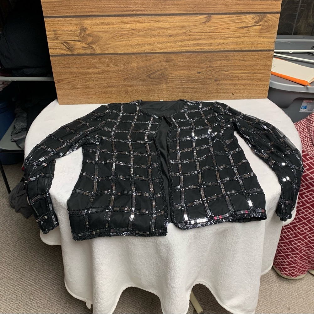 Scala Black Sequin Grid Open Front Jacket EUC - Picture 7 of 9